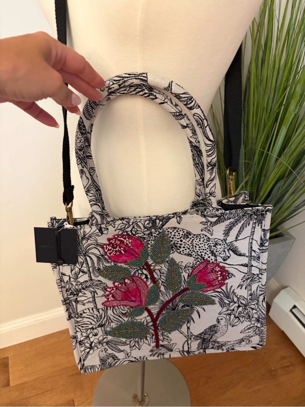 Embroidered Floral Canvas Tote Handbag - Pink Floral on Black & White